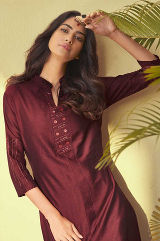 Maroon Color Art Silk Fabric Daily Wear Embroidered Work Soothing Kurti With Bottom