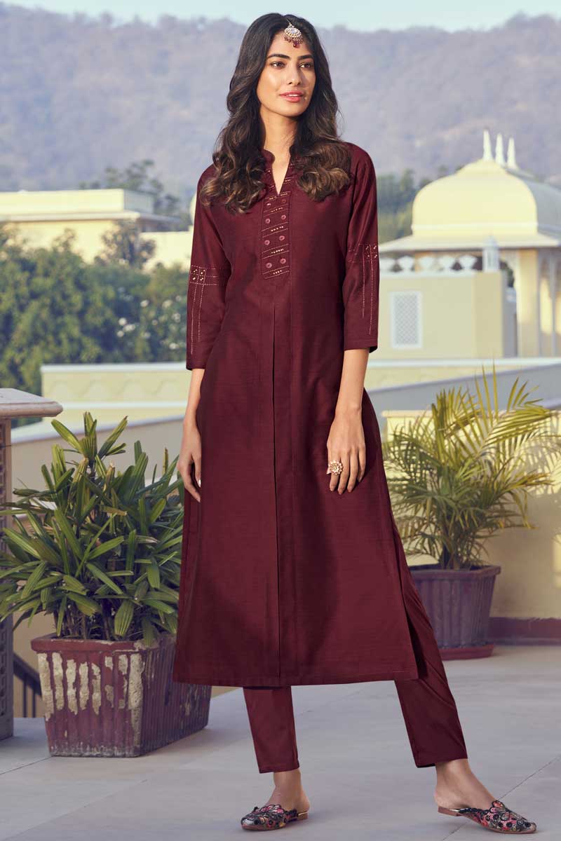 Maroon Color Art Silk Fabric Daily Wear Embroidered Work Soothing Kurti With Bottom