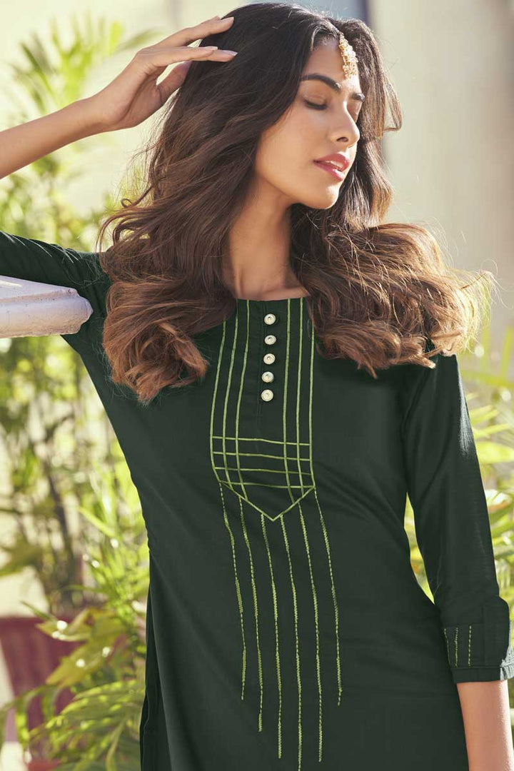 Dark Green Color Casual Wear Embroidered Work Art Silk Fabric Imperial Kurti With Bottom