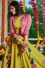 Load image into Gallery viewer, Green Color Thread Embroidered Precious Lehenga In Cotton Fabric
