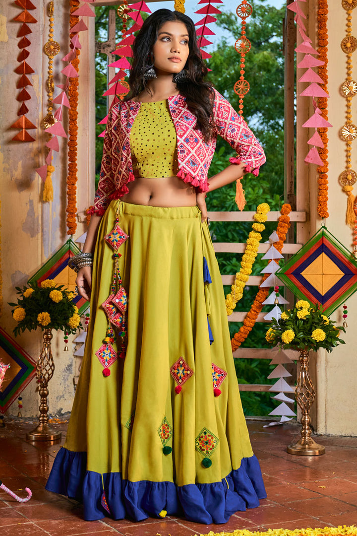 Green Color Thread Embroidered Precious Lehenga In Cotton Fabric