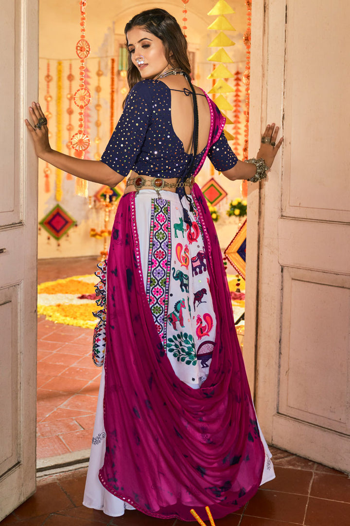 Cotton Fabric White Color Thread Embroidered Engrossing Lehenga