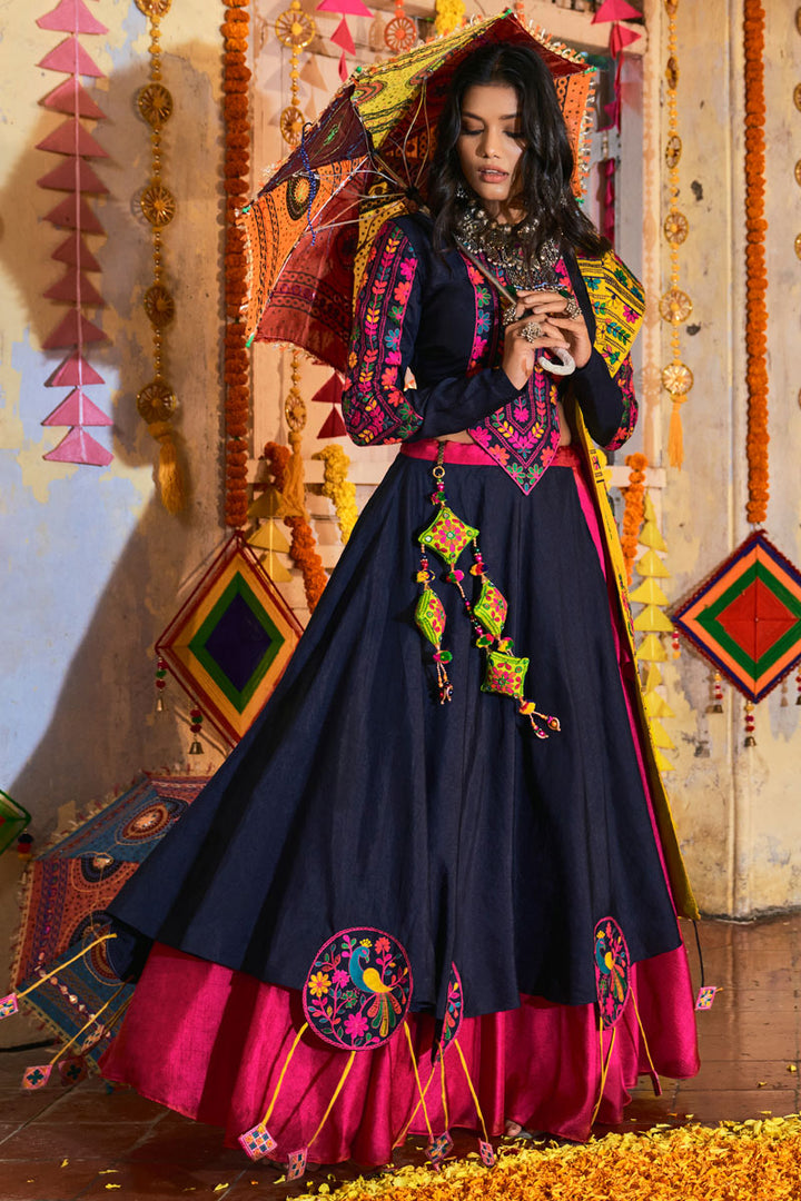 Navy Blue Color Thread Embroidered Designs On Art Silk Intriguing Lehenga