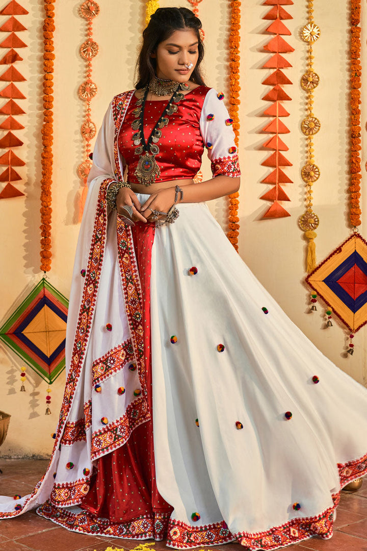 Beauteous White Color Thread Embroidered Work Lehenga In Cotton Fabric