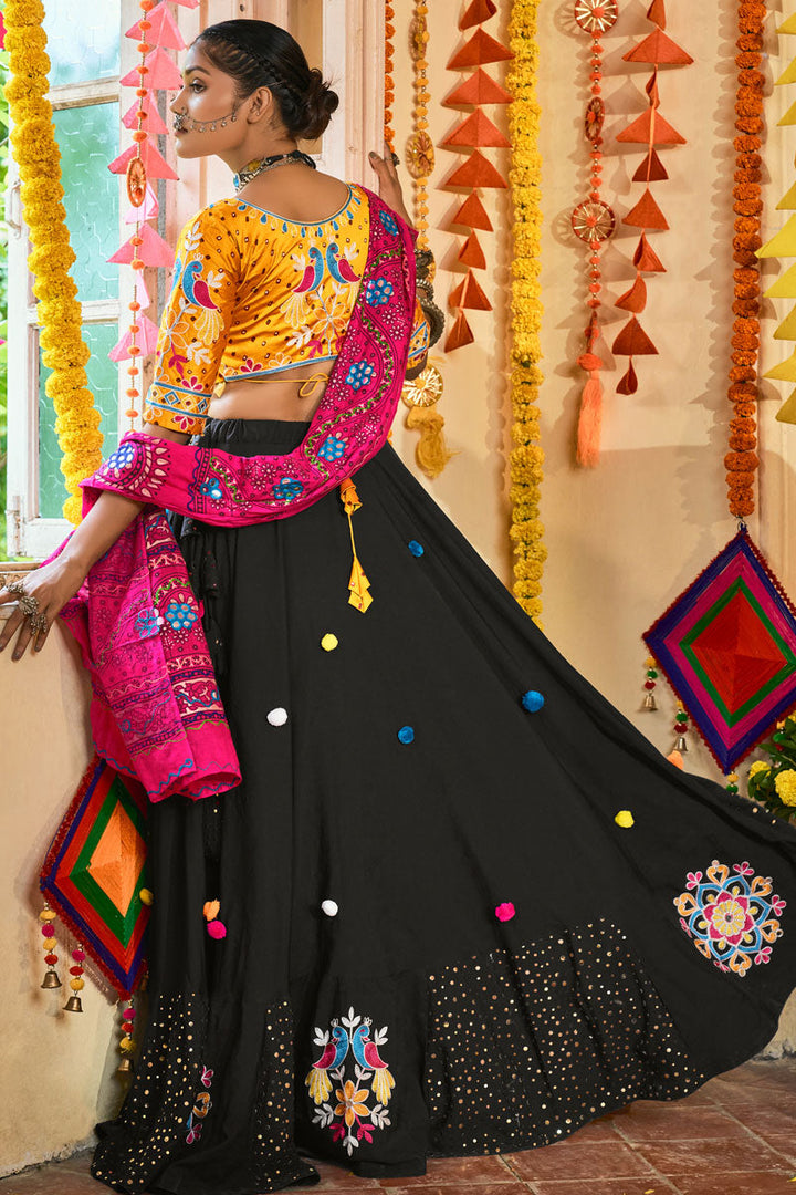 Cotton Fabric Thread Embroidered Winsome Lehenga In Black Color