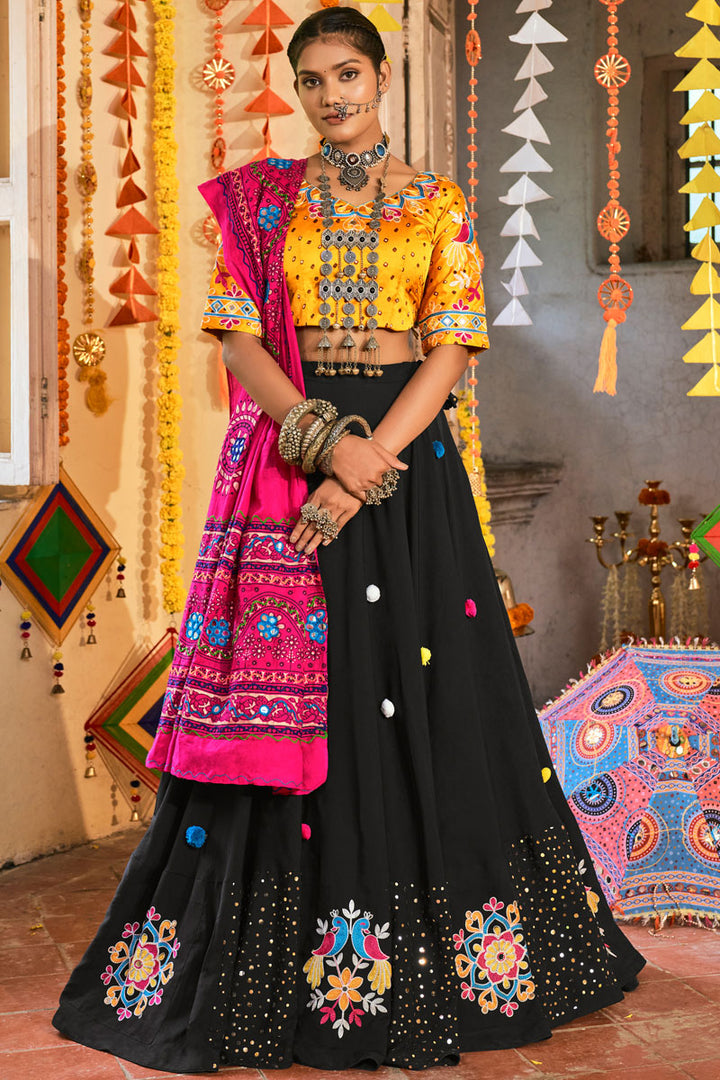 Cotton Fabric Thread Embroidered Winsome Lehenga In Black Color