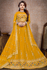 Load image into Gallery viewer, Georgette Fabric Sangeet Wear luminous Lehenga In Mustard Color
