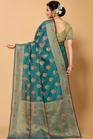 Organza Fabric Teal Color Function Wear Imperial Saree With Weaving Work