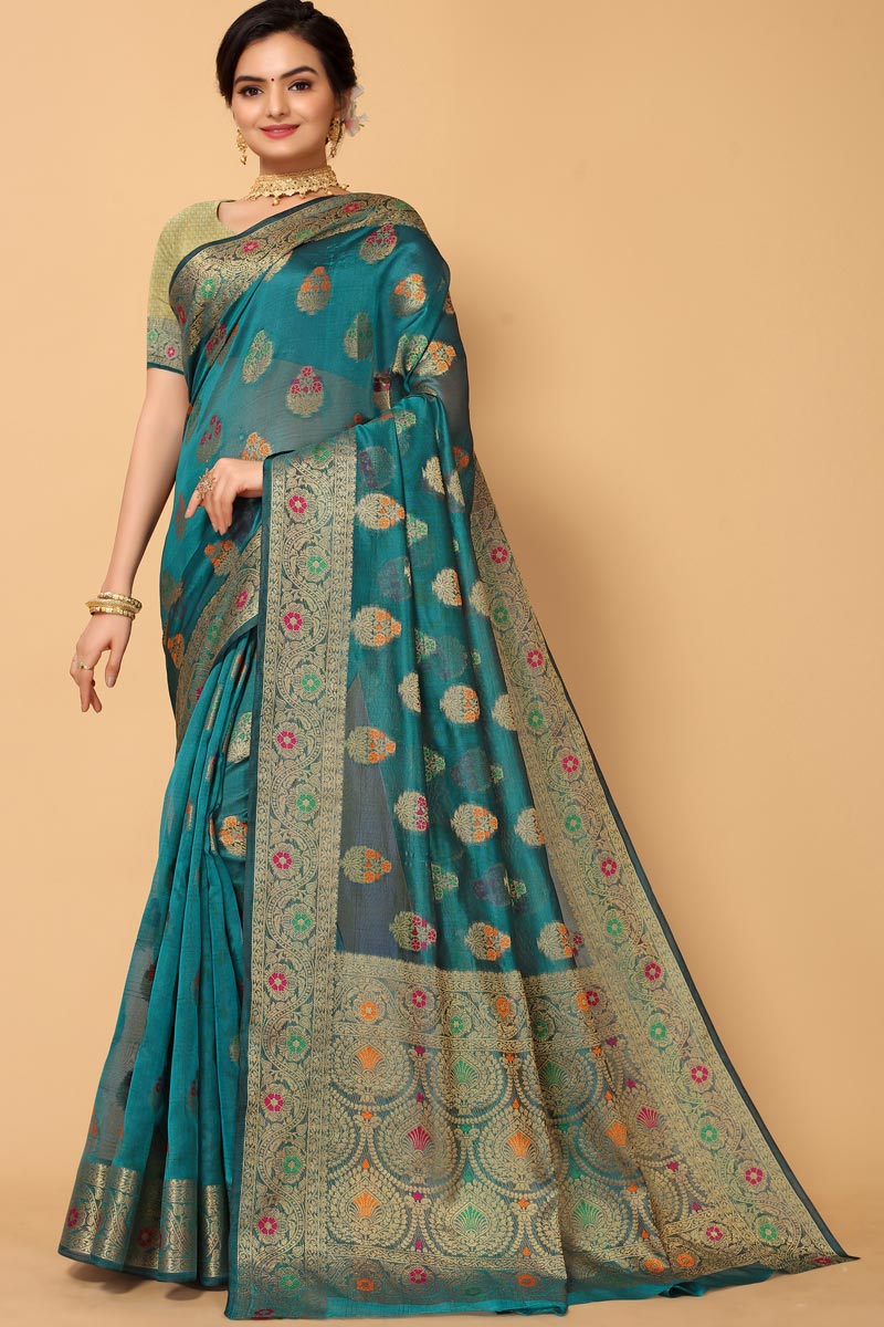 Organza Fabric Teal Color Function Wear Imperial Saree With Weaving Work