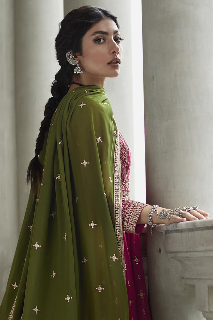 Excellent Georgette Fabric Mehendi Green Color Sharara Top Lehenga