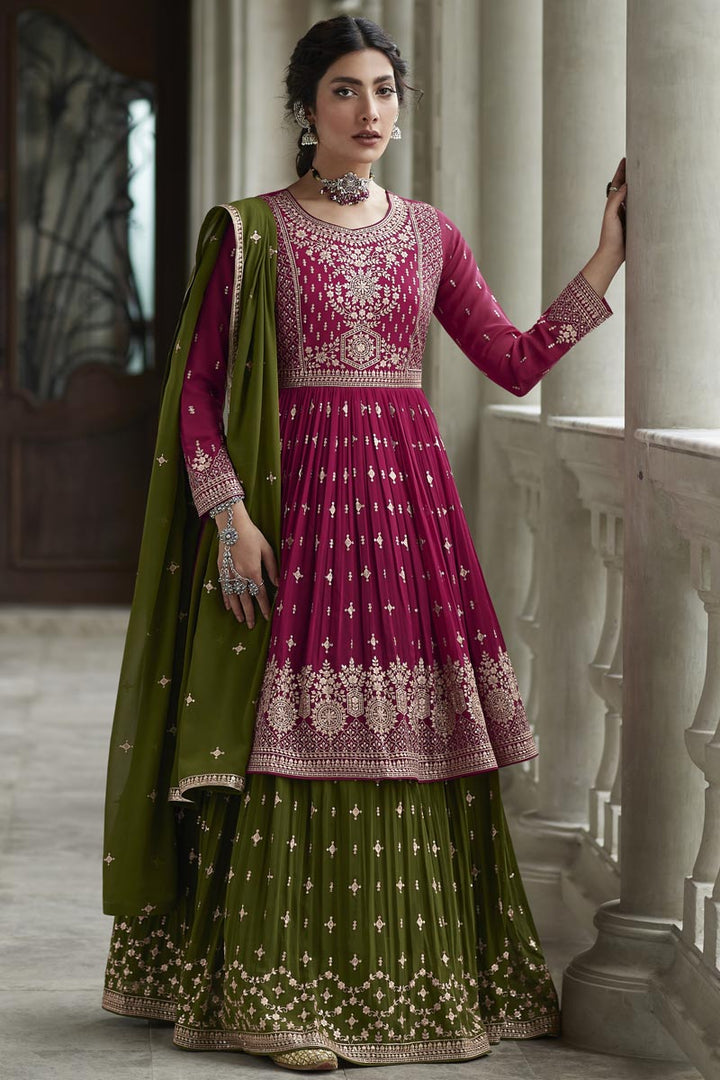 Excellent Georgette Fabric Mehendi Green Color Sharara Top Lehenga