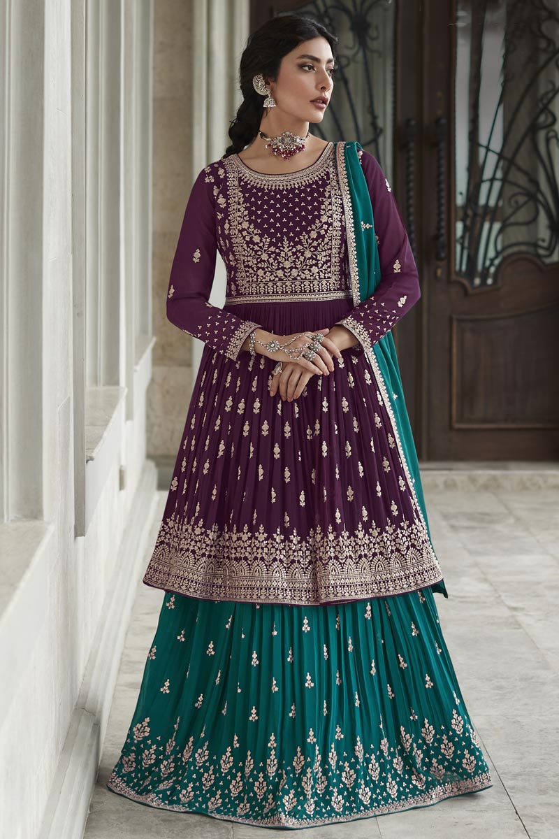 Engaging Cyan Color Georgette Fabric Sharara Top Lehenga