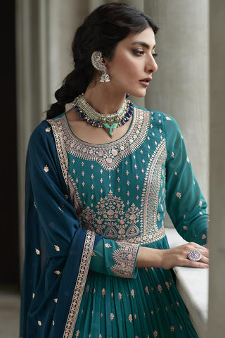 Marvellous Georgette Fabric Sharara Top Lehenga In Teal Color