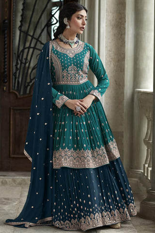 Marvellous Georgette Fabric Sharara Top Lehenga In Teal Color