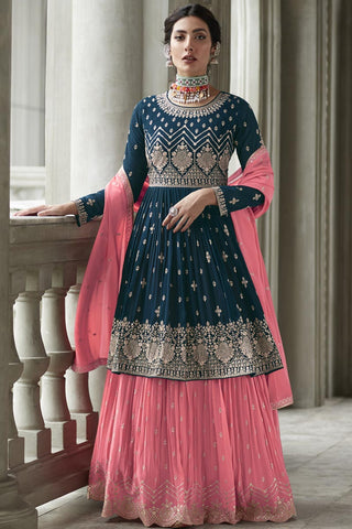 Amazing Pink Color Georgette Fabric Sharara Top Lehenga