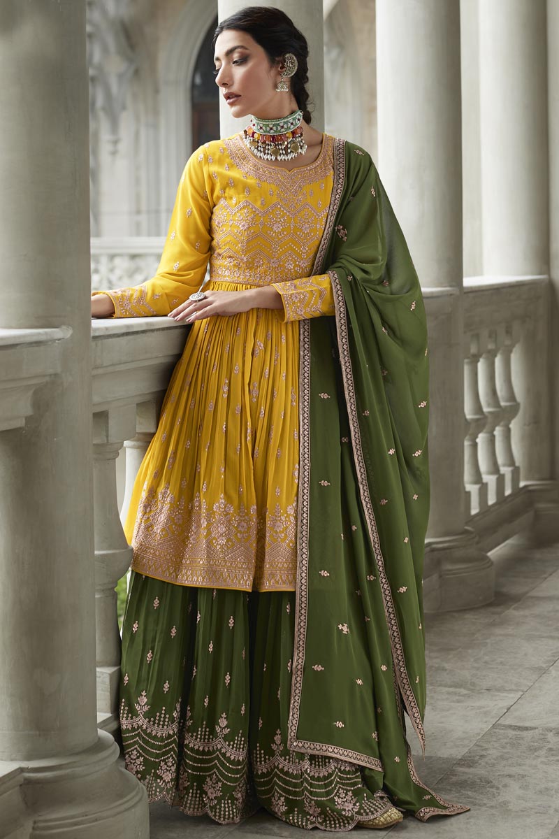 Entrancing Georgette Fabric Sharara Top Lehenga In Green Color