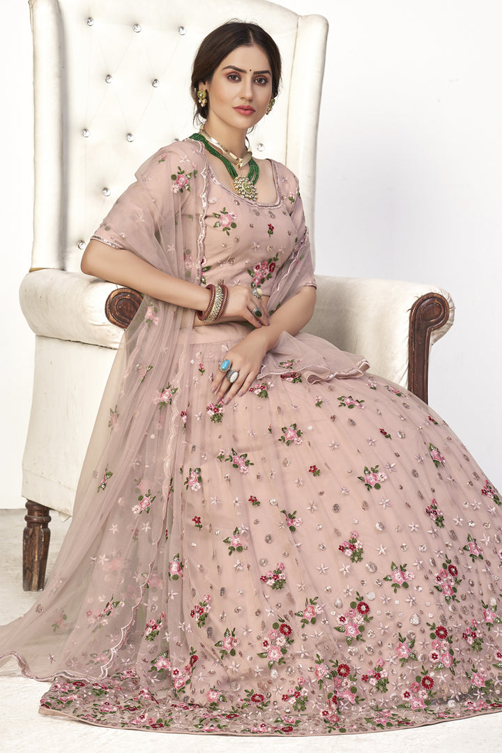 Pretty Pink Color Sangeet Wear Net Fabric Embroidered Lehenga