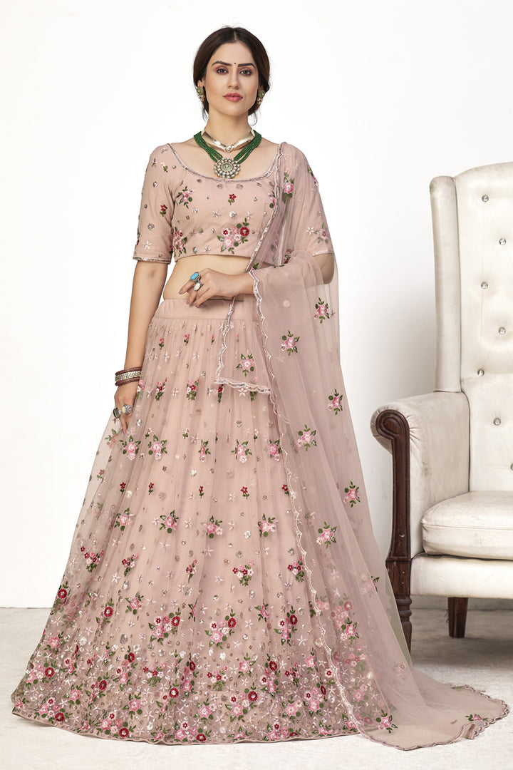 Pretty Pink Color Sangeet Wear Net Fabric Embroidered Lehenga