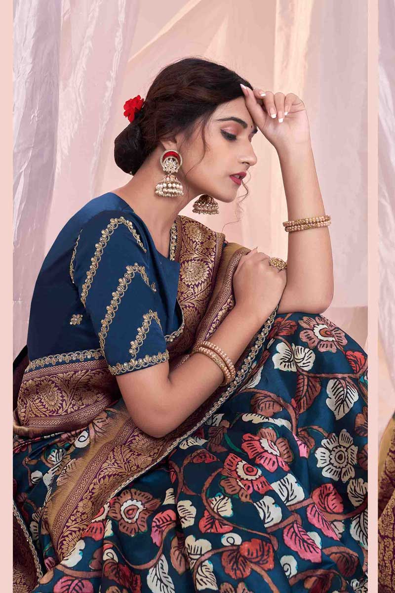 Attractive Blue Color Function Wear Art Silk Fabric Printed Saree