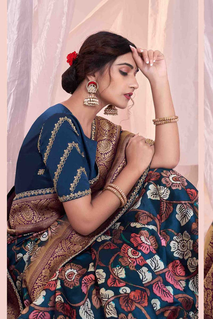 Attractive Blue Color Function Wear Art Silk Fabric Printed Saree