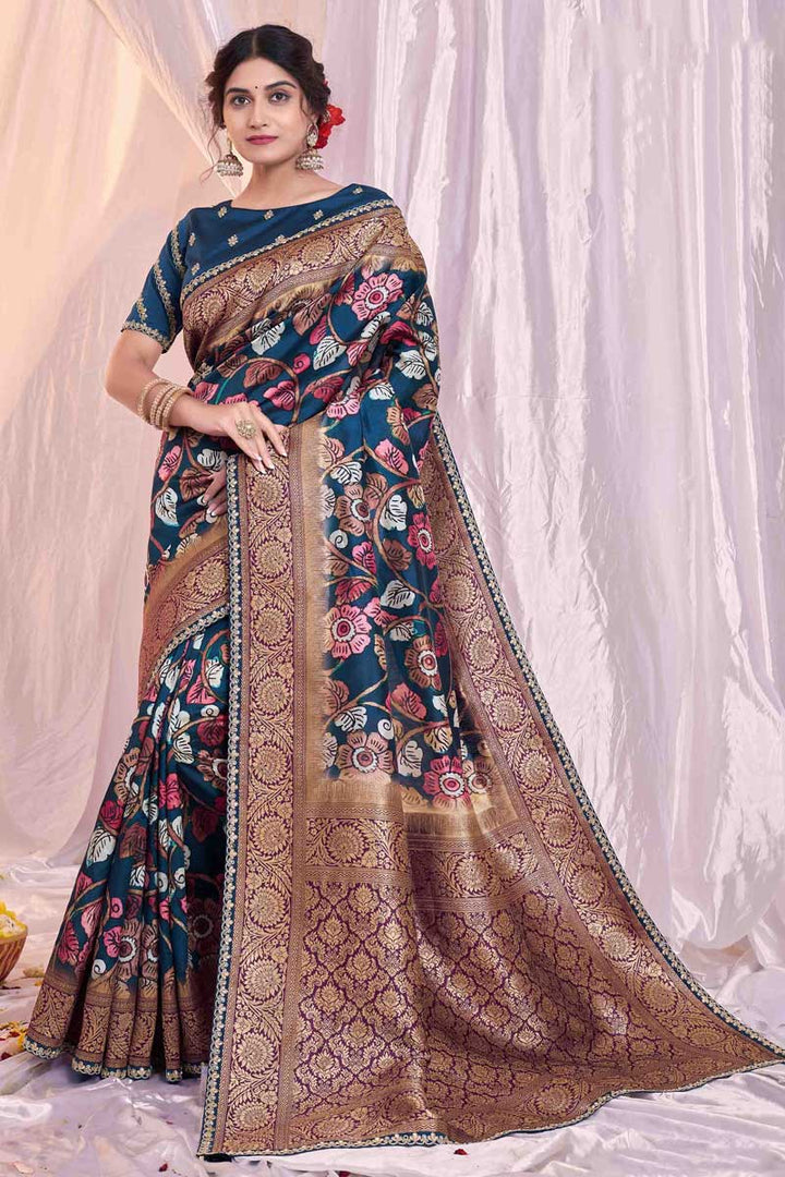 Attractive Blue Color Function Wear Art Silk Fabric Printed Saree