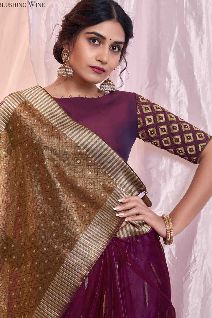 Wine Color Function Wear Appealing Organza Fabric Printed Saree