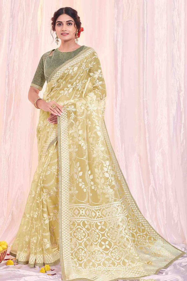 Cream Color Function Wear Spectacular Art Silk Fabric Printed Saree