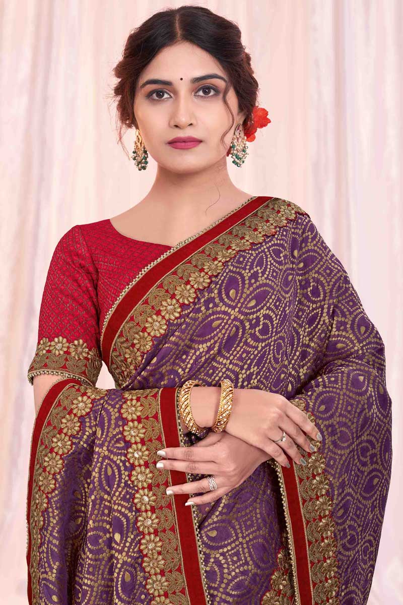 Fascinating Purple Color Function Wear Art Silk Fabric Printed Saree