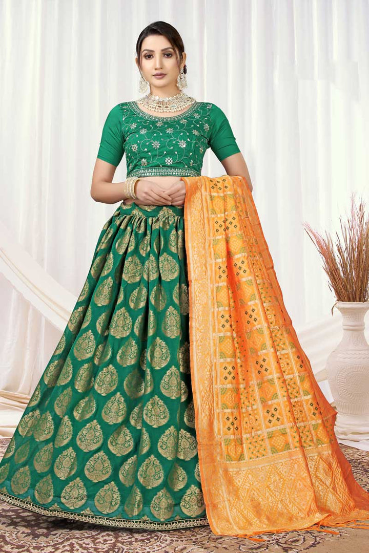 Green Color Splendid Function Style Lehenga In Viscose Fabric