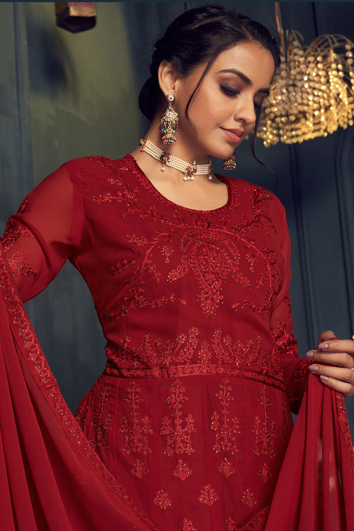 Party Wear Embroidered Work Georgette Fabric Maroon Color Sharara Suit