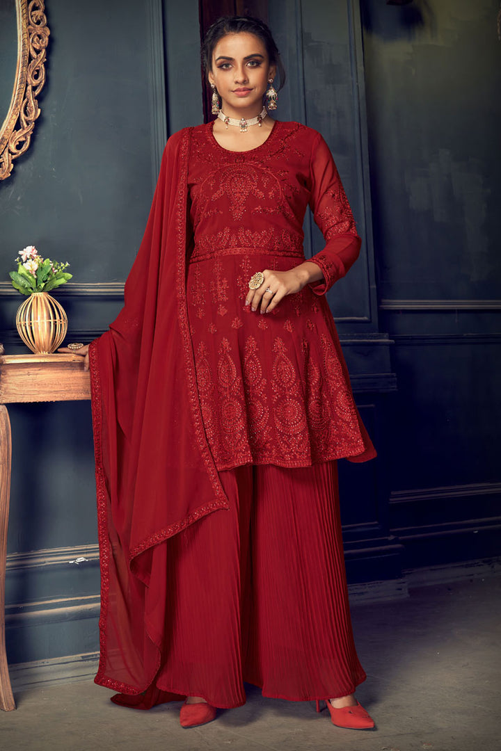 Party Wear Embroidered Work Georgette Fabric Maroon Color Sharara Suit