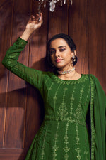 Load image into Gallery viewer, Embroidered Work Mehendi Green Color Georgette Fabric Party Wear Sharara Suit
