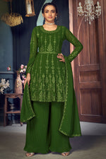 Load image into Gallery viewer, Embroidered Work Mehendi Green Color Georgette Fabric Party Wear Sharara Suit
