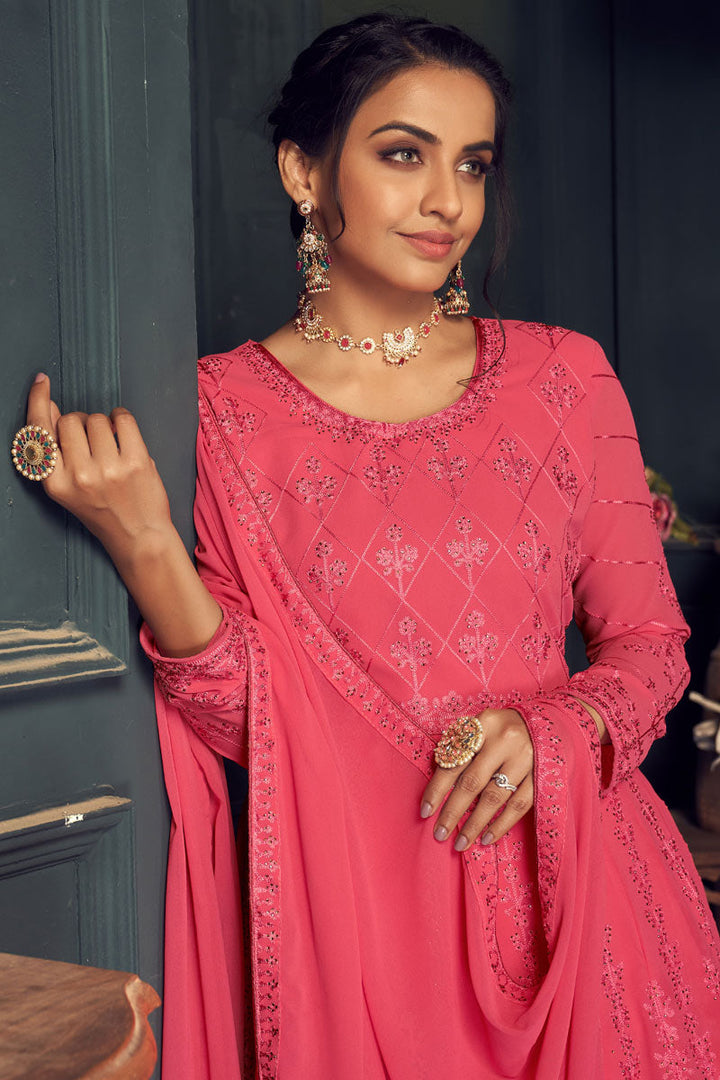 Party Wear Pink Color Embroidered Work Georgette Fabric Sharara Suit