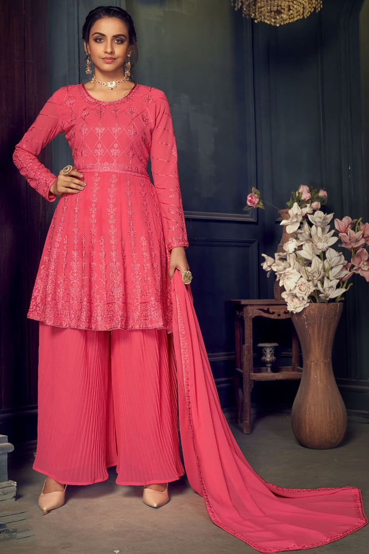 Party Wear Pink Color Embroidered Work Georgette Fabric Sharara Suit