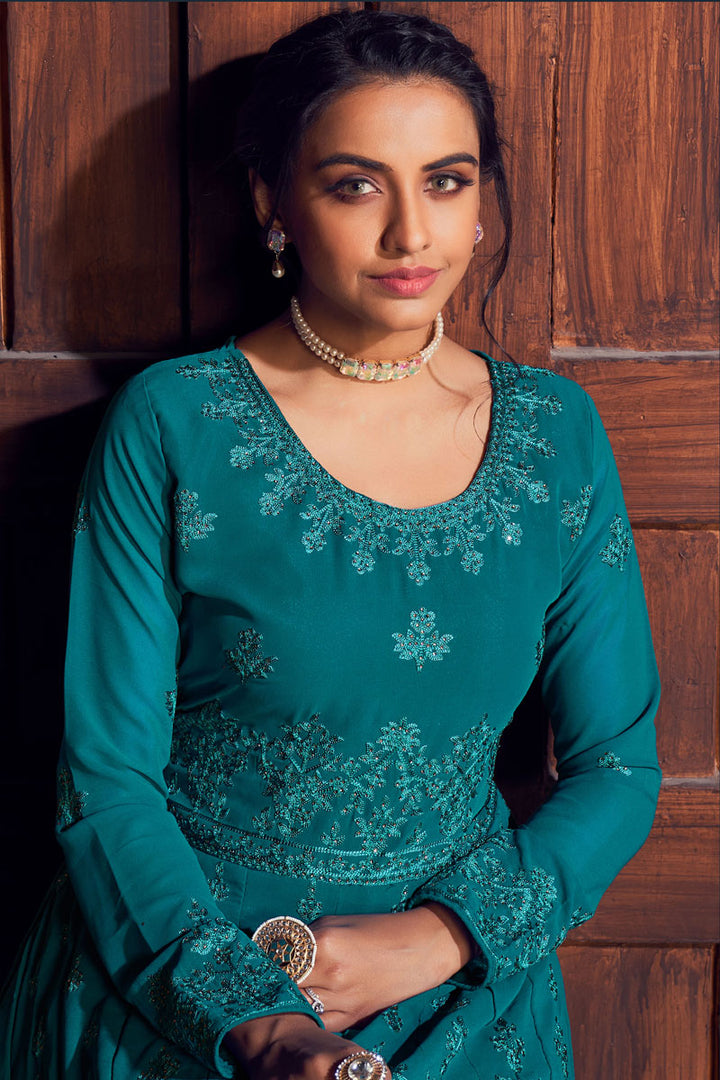 Georgette Fabric Party Wear Cyan Color Embroidered Sharara Suit