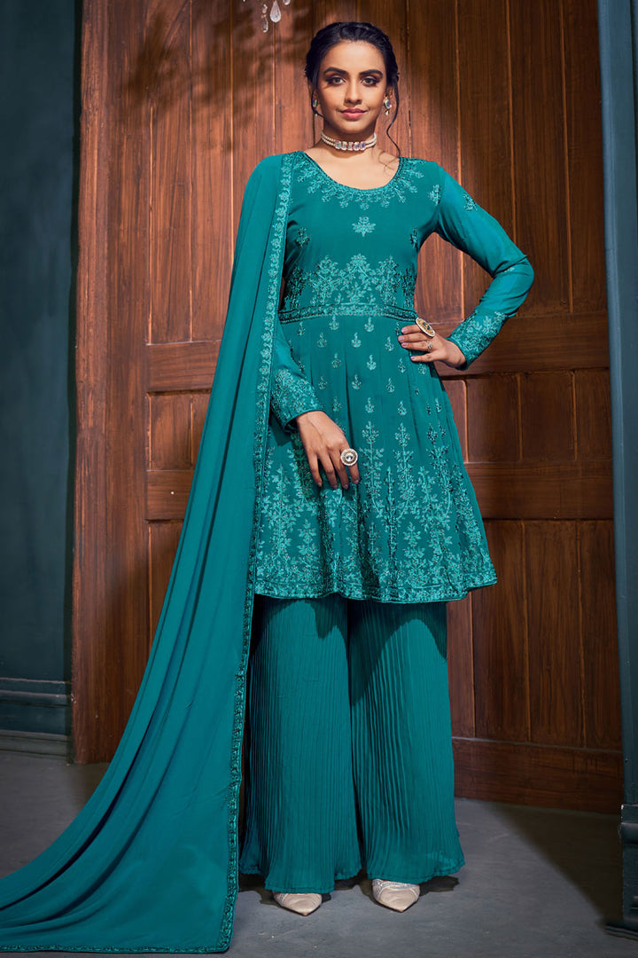 Georgette Fabric Party Wear Cyan Color Embroidered Sharara Suit