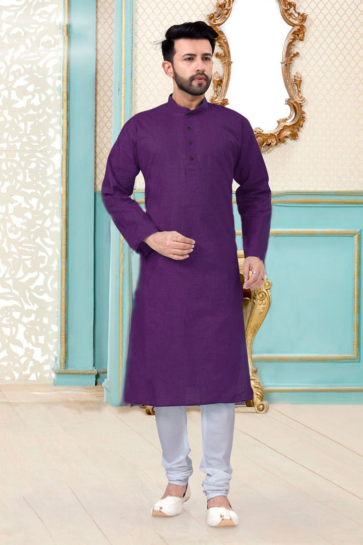 Purple Color Linen Cotton Fabric Sangeet Wear Trendy Mens Kurta Pyjama