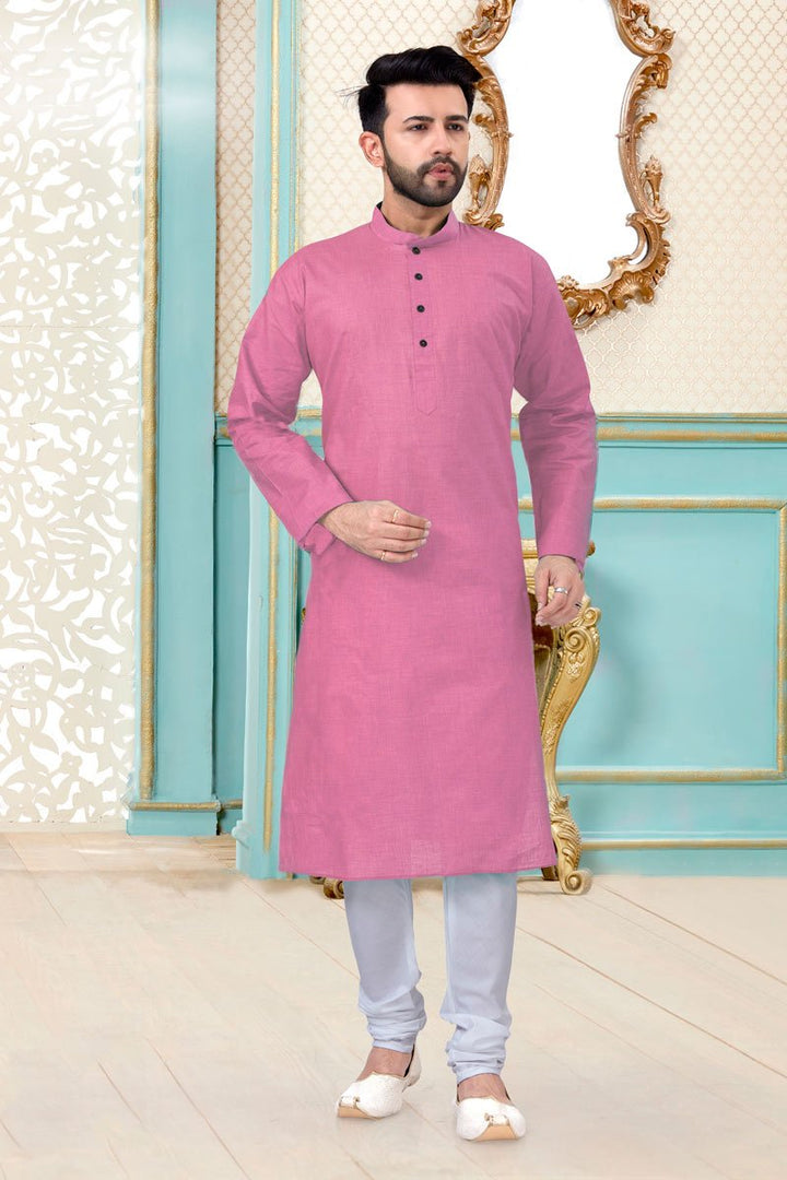 Pink Color Linen Cotton Fabric Festive Wear Trendy Mens Kurta Pyjama