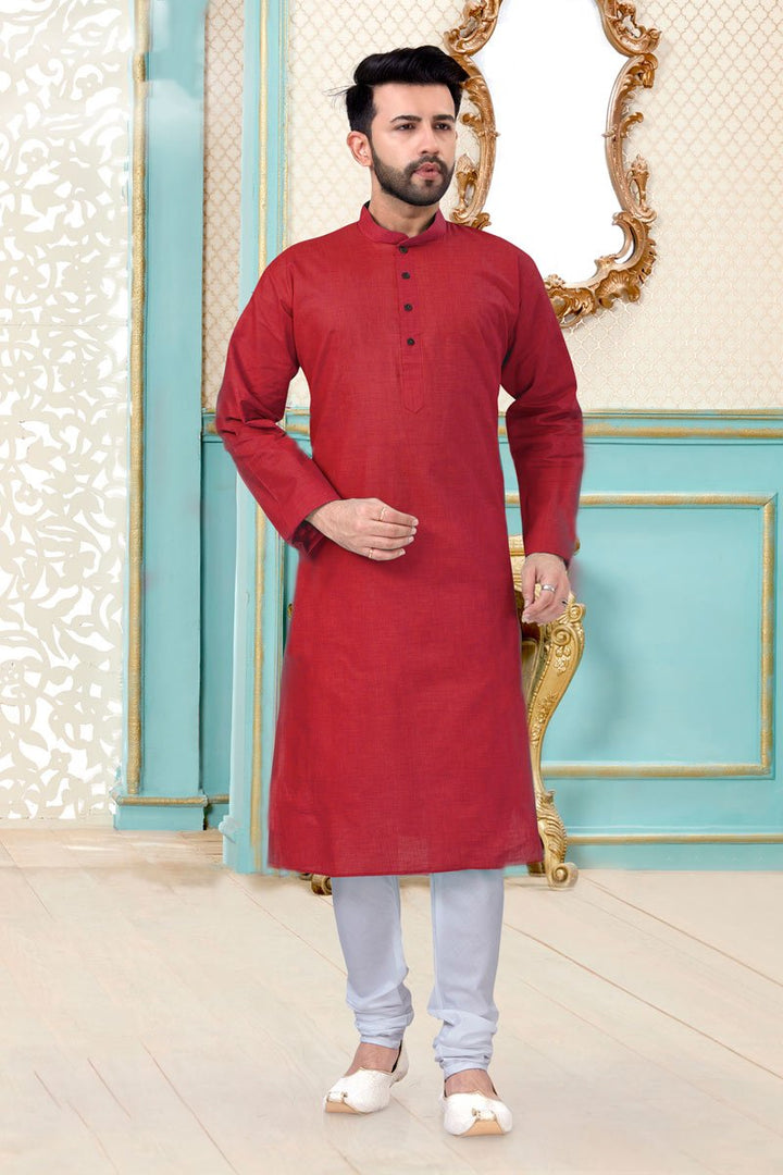 Red Color Linen Cotton Fabric Function Wear Trendy Mens Kurta Pyjama