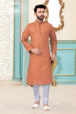 Load image into Gallery viewer, Rust Color Linen Cotton Fabric Sangeet Wear Fancy Mens Kurta Pyjama
