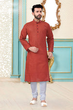 Load image into Gallery viewer, Maroon Color Linen Cotton Fabric Reception Wear Trendy Mens Kurta Pyjama
