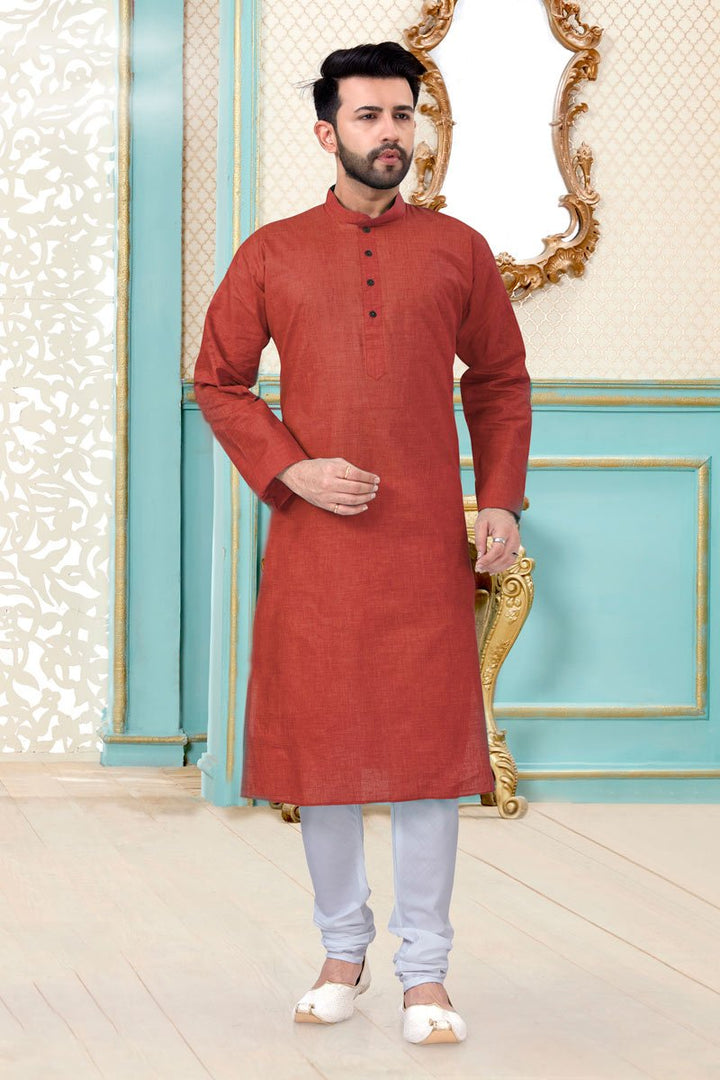 Maroon Color Linen Cotton Fabric Reception Wear Trendy Mens Kurta Pyjama