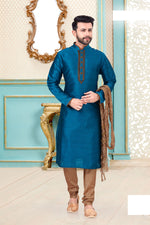 Load image into Gallery viewer, Sangeet Wear Banarasi Silk Fabric Kurta Pyjama In Sky Blue Color For Men