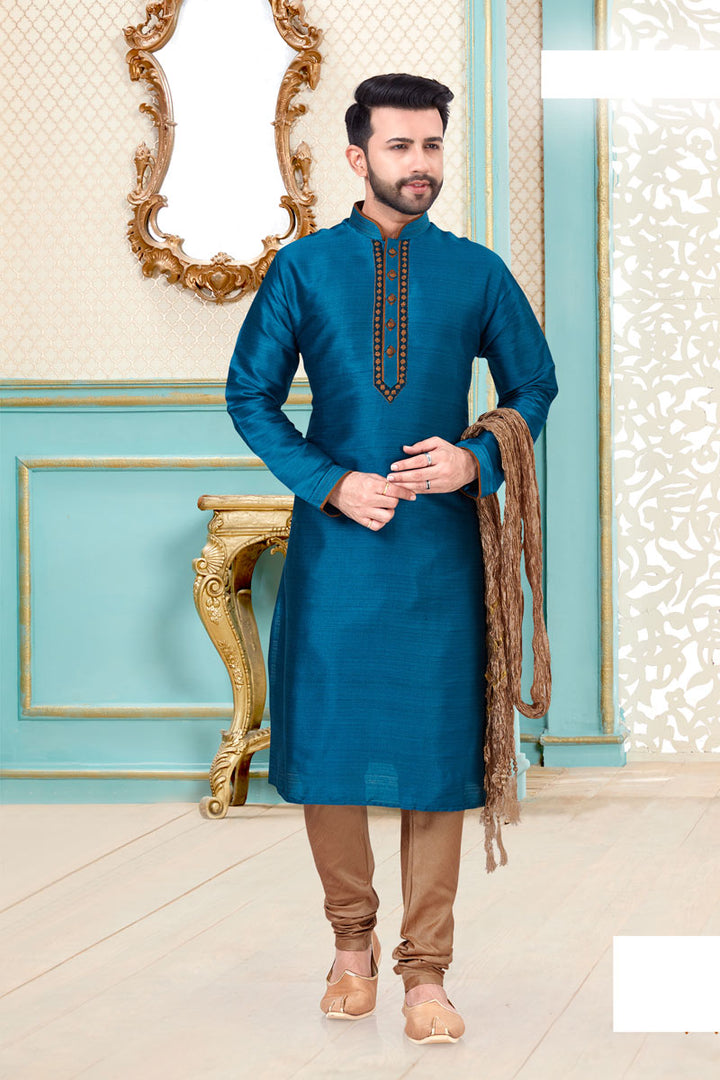 Sangeet Wear Banarasi Silk Fabric Kurta Pyjama In Sky Blue Color For Men