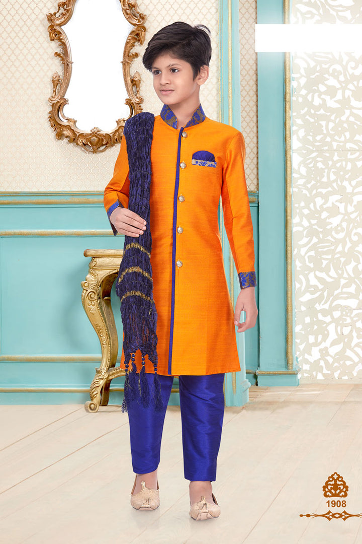 Traditional Wear Linen Cotton Fabric Fancy Kurta Pyjama For Boys In Orange Color