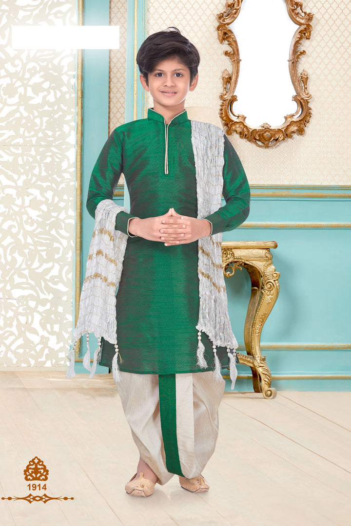 Occasion Wear Silk Fabric Designer Dhoti Kurta For Boys In Dark Green Color