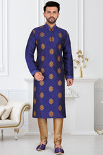 Load image into Gallery viewer, Navy Blue Color Silk Fabric Wedding Wear Readymade Stylish Mens Kurta Pyjama
