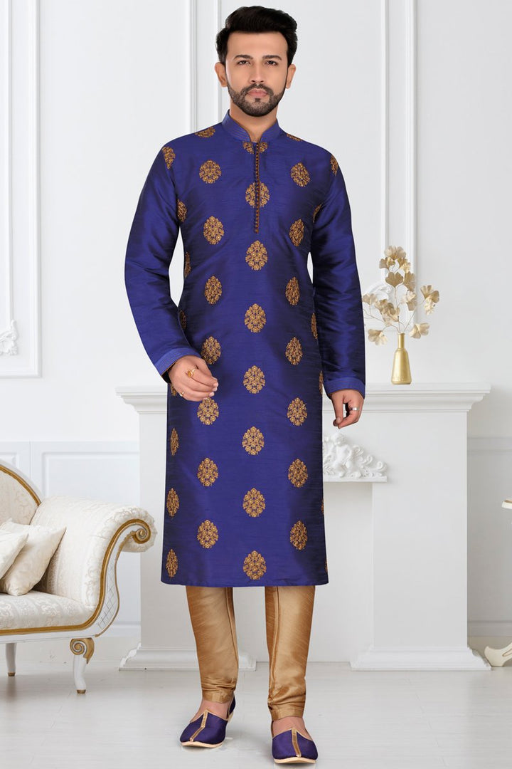 Navy Blue Color Silk Fabric Wedding Wear Readymade Stylish Mens Kurta Pyjama