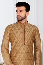 Load image into Gallery viewer, Cream Color Banarasi Silk Fabric Wedding Wear Readymade Designer Mens Kurta Pyjama
